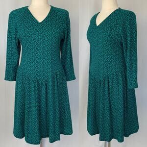 Vintage Midi Dress Size 14 Teal Black Cheetah Leopard V Waist Long Sleeve 80s